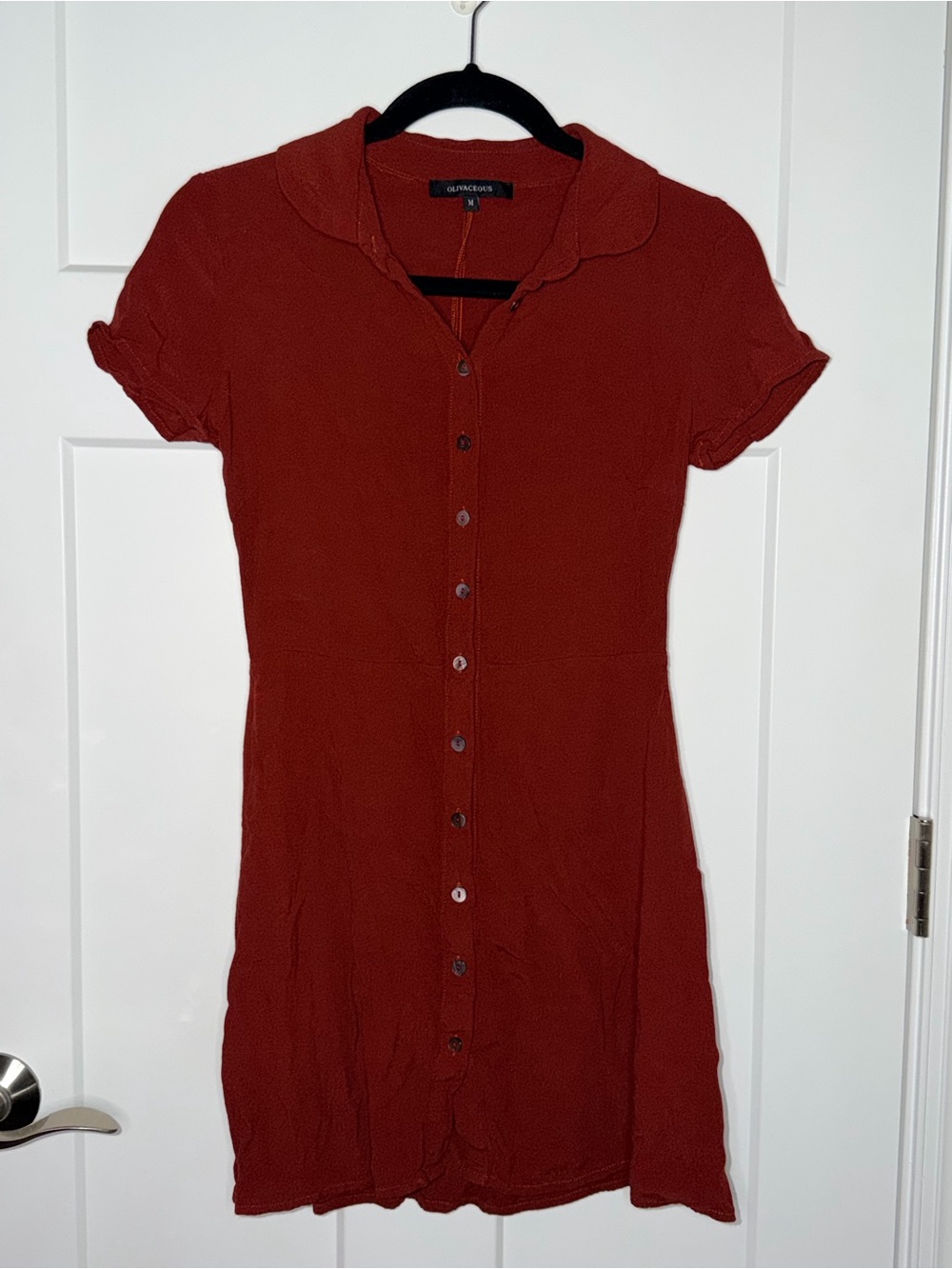 Olivaceous Short Sleeve Collared Button Down Dress - Rust